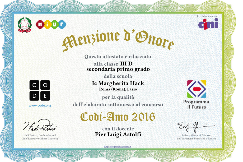 Menzione Onore classe 3D Attestato_CodiAmo2016
